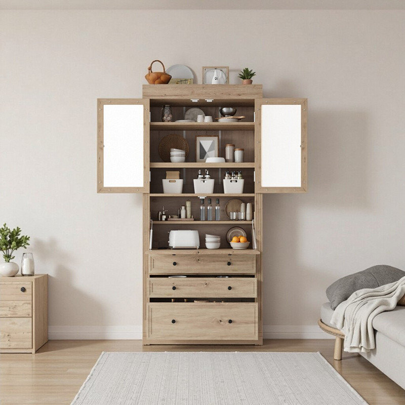 78" Freestanding Kitchen Pantry Cabinet With Power Outlet 3 Drawers & Adjustable Shelves, Natural