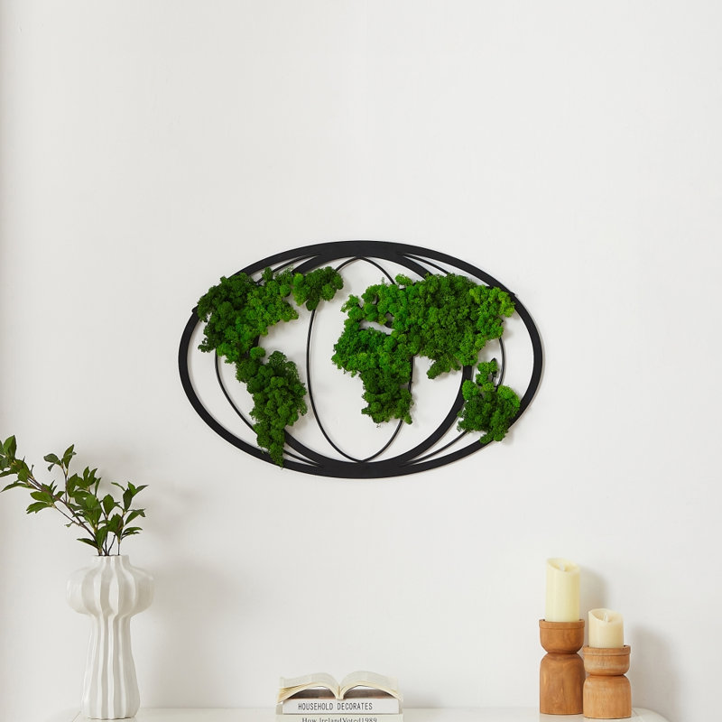Décoration murale en métal 1pc Moss World Map | Décoration murale en fer vert, 32 x 21 x 0,30 po, conception exquise en forme de terre + mousse préservée luxuriante, ambiance tranquille pour la maison / bureau