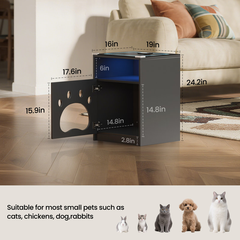 Nightstand with Charging Station,Cat Bed End Table,Modern Black Night Stand with LED Lights, Cats Condo Bed Side Tables with Storage Cats Furniture House for Living Room Bedroom Sofa Side
