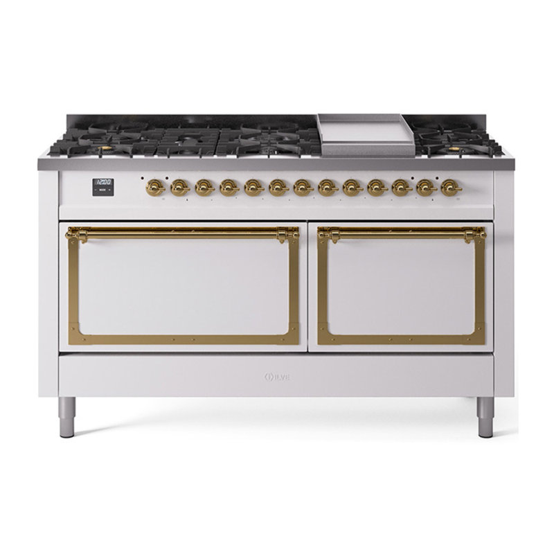 ILVE Nostalgie II Noblesse 60 in Dual Fuel Range, 9 Burner, Griddle, Liquid Propane, White/Brass