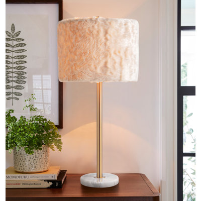 Maudestine 27"H Luxury Marble Table Lamp w/ Faux Fur Shade w/ LED Bulb