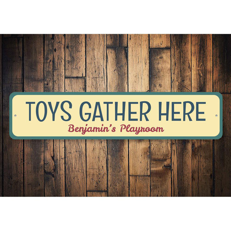Enseigne en aluminium Jouets Gather Here, H 6 po x l 24 po x P 0,063 po