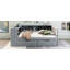 Lit plateforme en bois avec tablettes de rangement, tiroirs, station de charge et tête de lit tapissier pour un confort moderne-777338675