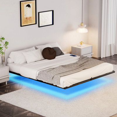 Floating Bed Frame With LED Lights And Charging Station