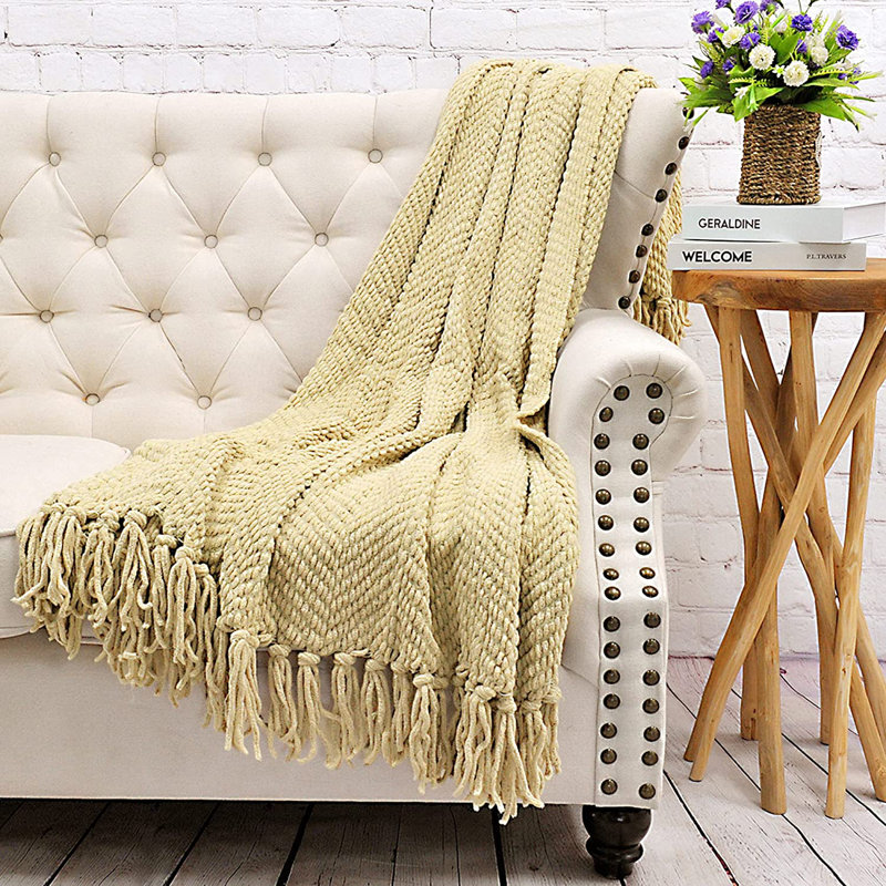 Jeté en tricot de tweed, Brun clair, 50 po x 60 po
