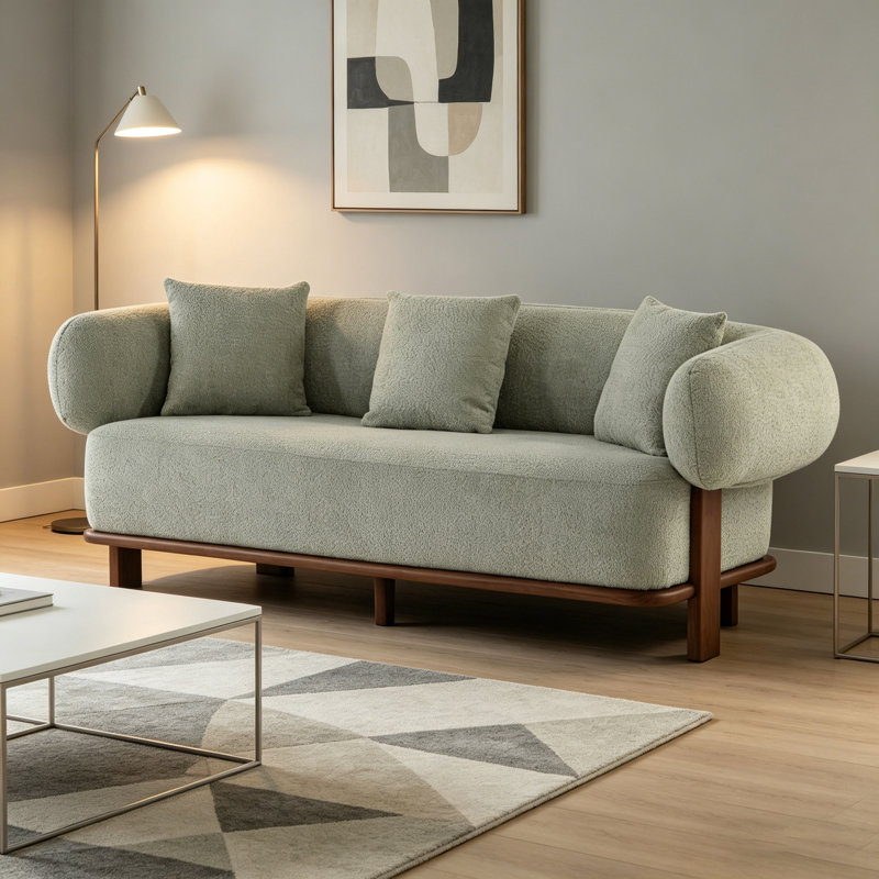 Round Arm Curved Sofa-Light Green, Light Green