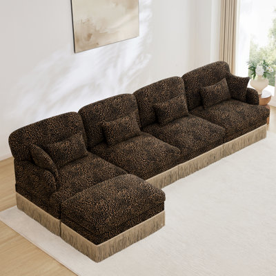 Canapé en L confortable à imprimé léopard en chenille confortable, bord à pampille délicat, repose-pieds mobile, style moderne, dossier et siège ergonomiques, assemblage facile, siège profond pour le salon