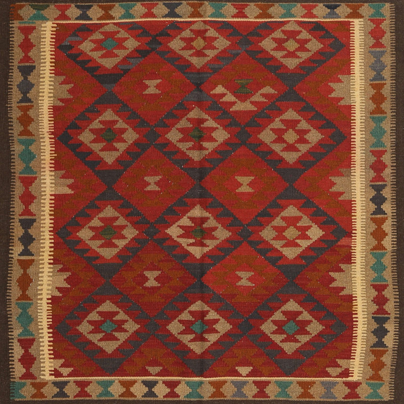 Tapis contemporain brun / rouge cramoisi / noir, Carré 4 pi