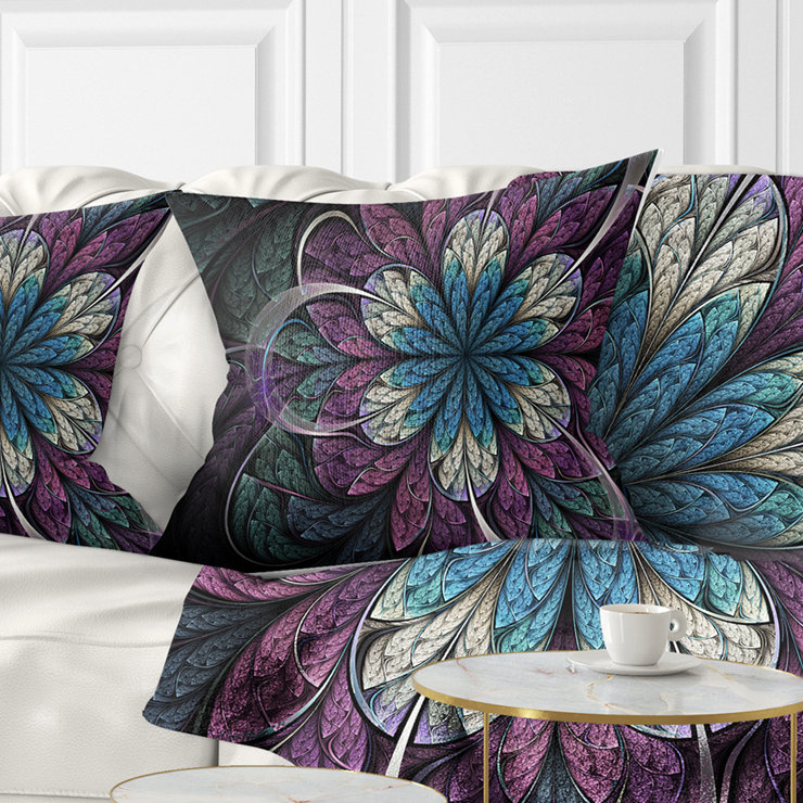 Fleur fractale arrondie mauve / bleu - coussin imprimé floral, 16 po x 1 po, Coussin décoratif