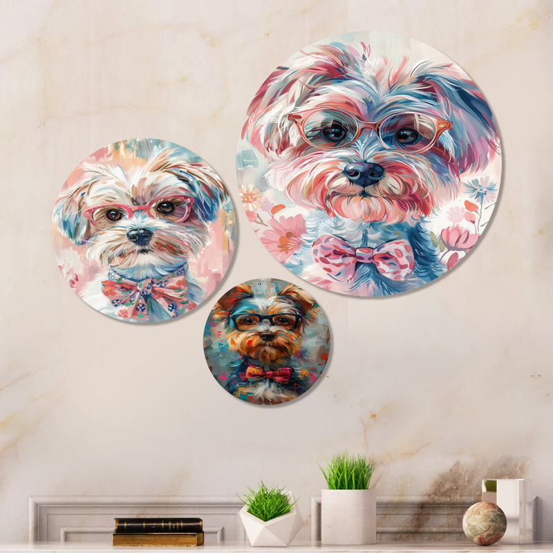 Rose et gris curieux Shih Tzu avec lunettes I - chien, art mural 3 pièces