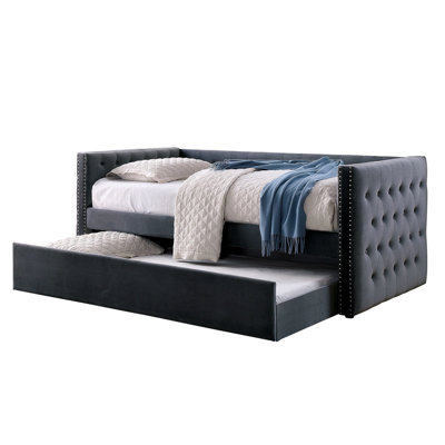 Transitional Gray Daybed With Trundle, Button - Padded Flannelette Upholstery And Nailhead Trim Design, Slat Kit Available Finished , Inspired