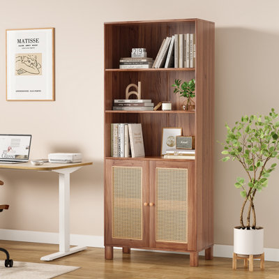 Grande bibliothèque avec portes en rotin, 5 tablettes de rangement en bois, grande bibliothèque pour bibliothèque, salon, bureau à domicile