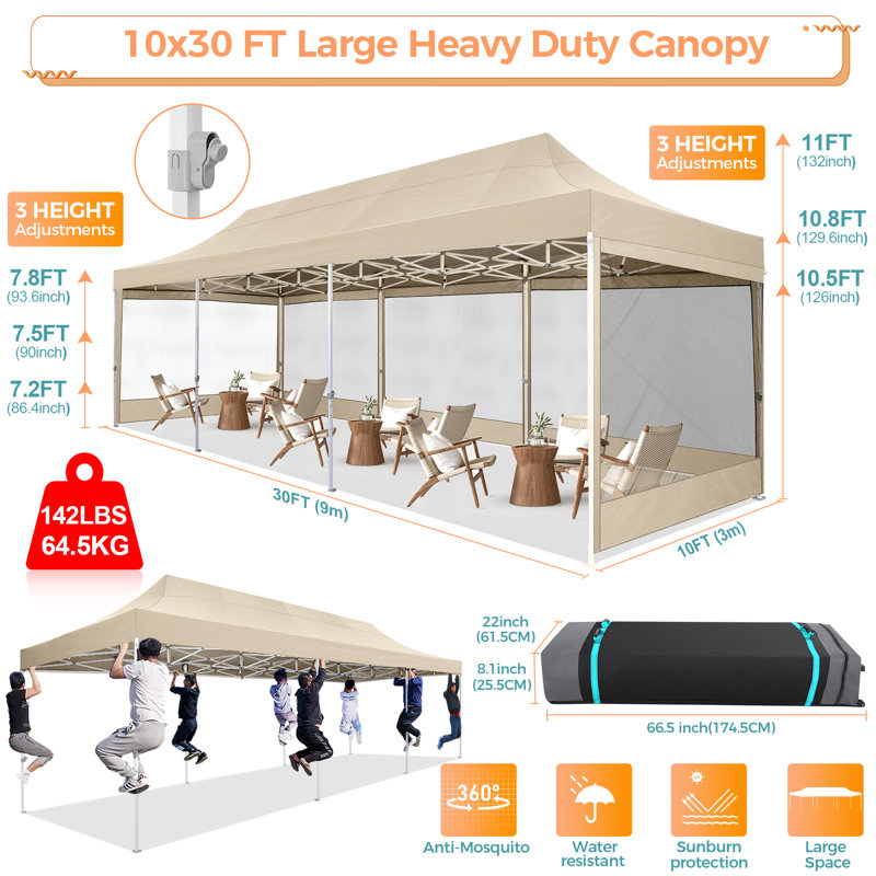 10x30 Pop up Canopy Tent with Sidewalls, Heavy Duty Easy Set up, Khaki