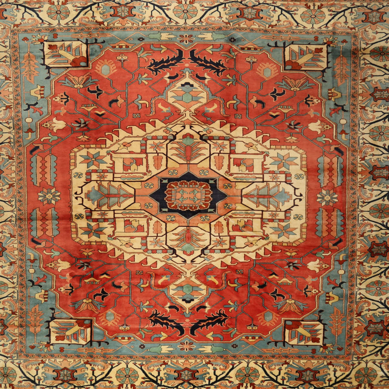 Tapis oriental orange / bleu, Carré 6 pi