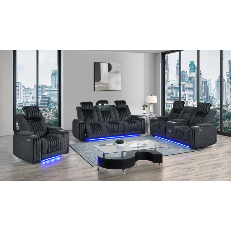 Canapé-causeuse inclinable électrique 3 pièces Duran avec repose-tête électrique, DEL et plus, Noir