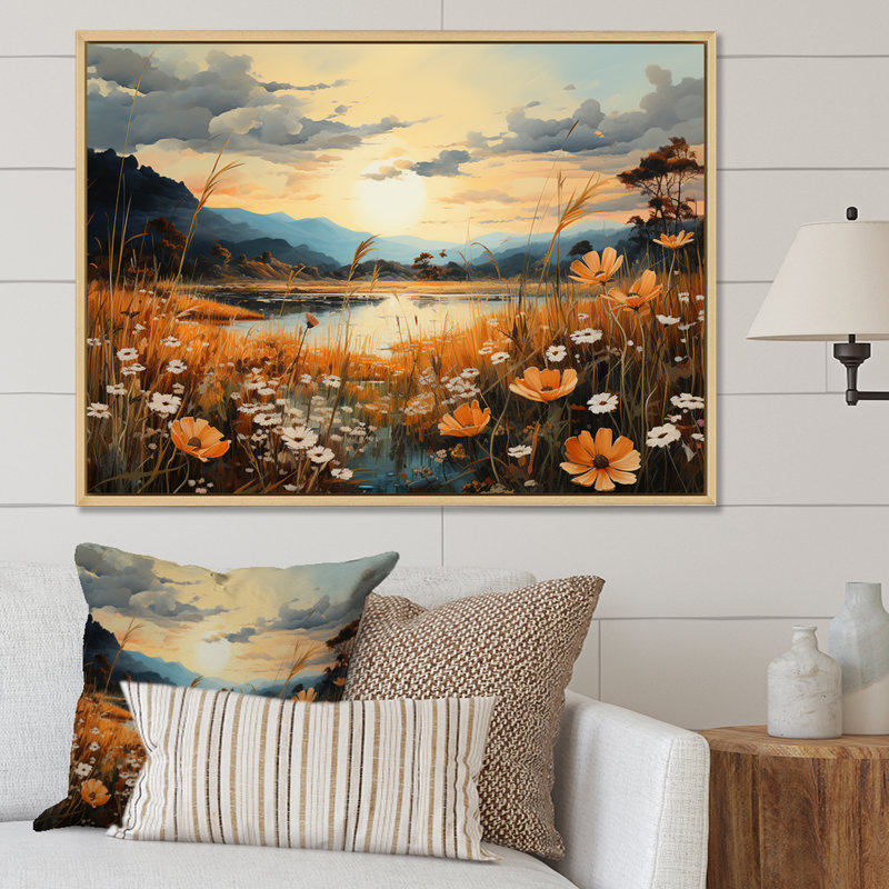 «Meadow Stream At Sunset I», reproduction sur toile, H 12 po x l 20 po x P 1 po, Cadre naturel flottant