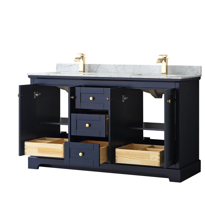 Ensemble de meuble-lavabo double 60 po Avery, Bleu très foncé, Or brossé