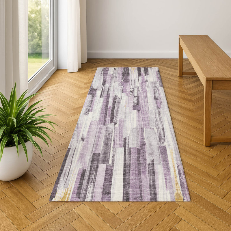 Premium Machine Washable Mayfield AMF2255 Striped Rug, 2'3" x 7'6" Runner, Lavender