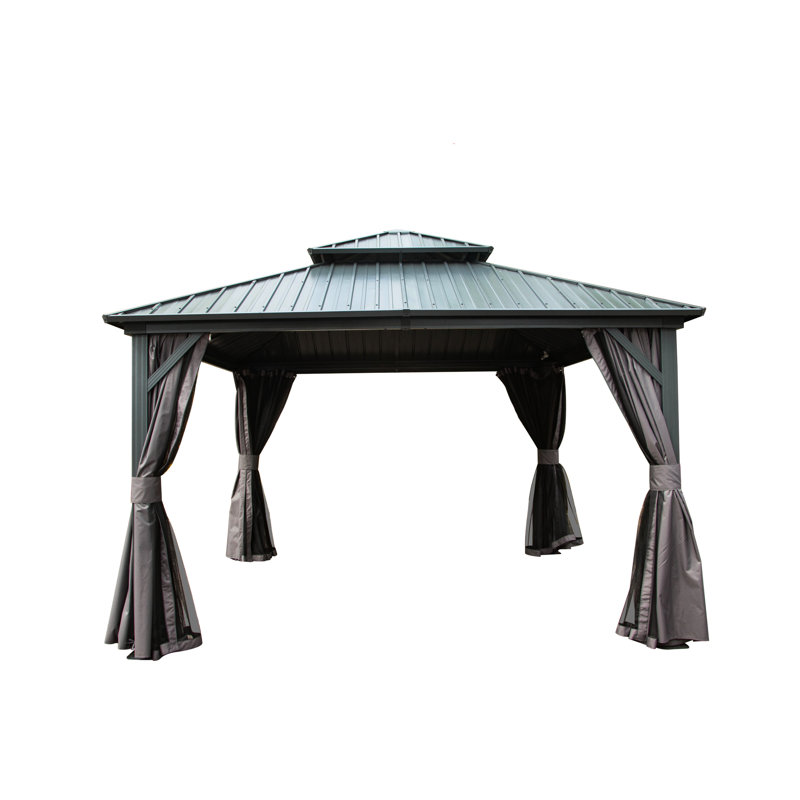 Pavillon de jardin 12 pi x 12 pi avec double toit et isolement - pour patio, cour arrière, terrasse, pelouse paisible, cadre en aluminium gris avec protection moderne,
