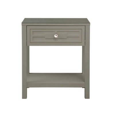 Dario 23 Inch Wide Taupe Wooden End Side Table With Glass Top And Storage Drawer, Perfect For Modern And Functional Living Spaces.