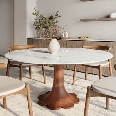 Round Stone Top Solid Wood Base Dining Table Set Circle Kitchen Dinner Table For 4-10 Jainee by Brayden Studio