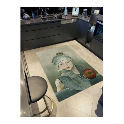Pastel Toned Apple and Girl Figure Patterned Woven Base Modern Decorative Washable Rug