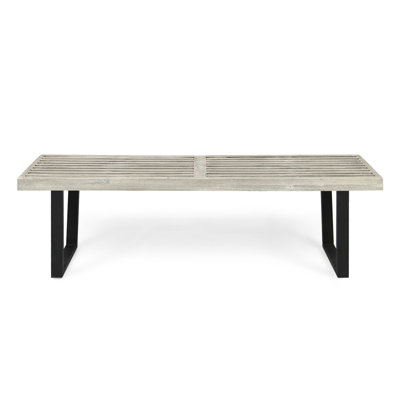 Rustic Contemporary Outdoor Bench, Wood And Black Iron, 61.38 In Length, Comfortable For Three Surface, Closed Iron Legs, Gray Wash Finish, Minimal, Artistic