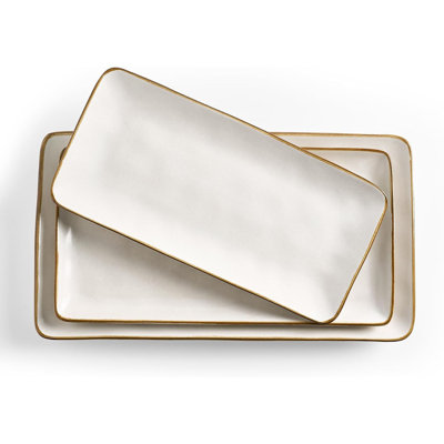 Plateaux de service en grès réactif blanc mat mat (3 tailles: 15,67 po / 14,1 po / 12,6 po), plats rectangulaires allant au lave-vaisselle pour la réception