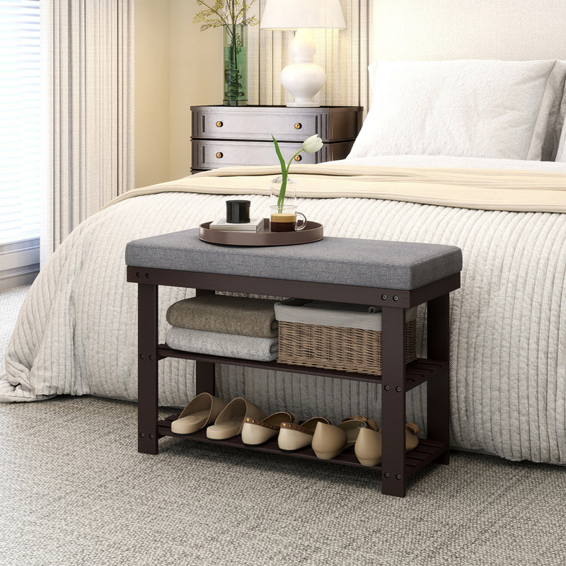 6 Pair Shoe Storage Bench, Dark Walnut/Gray