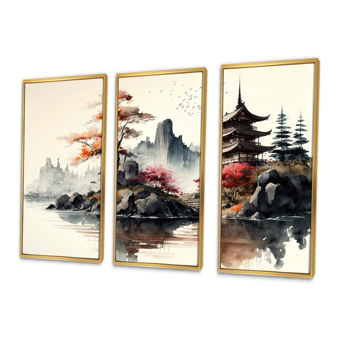 " Watercolor Japenese Landscape I " 3 - Pieces Union Rustic 