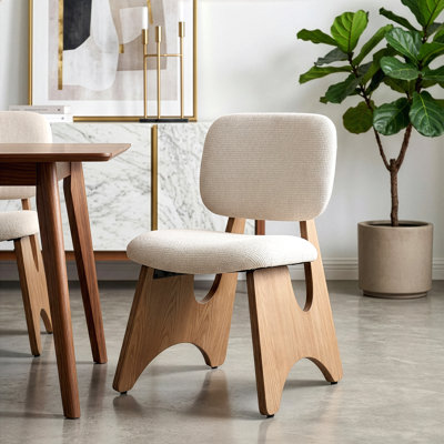 Bertille Beige Washed Woven Fabric Dining Chair with Accent Walnut Legs