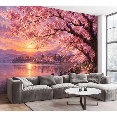 Papier peint adhésif peler et coller fleurs de cerisier le long du coucher de soleil serein Lakeside, papier adhésif de contact amovible pour décoration de salon Chambre à coucher H 100 po x l 144 po