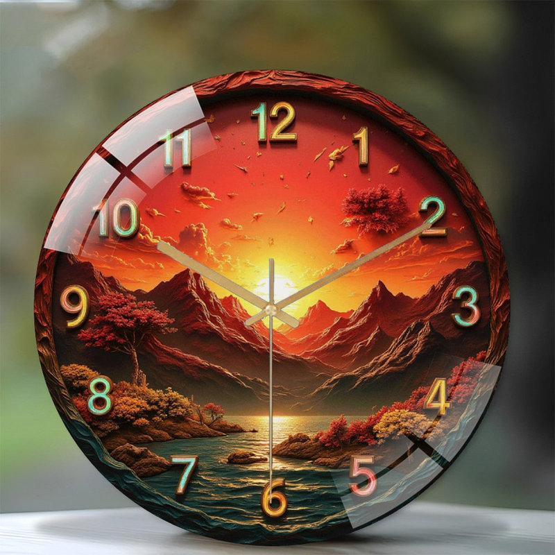 Sunset Mountain Landscape Wall Clock Decor Art - 12'' Modern Glass Wall Clock