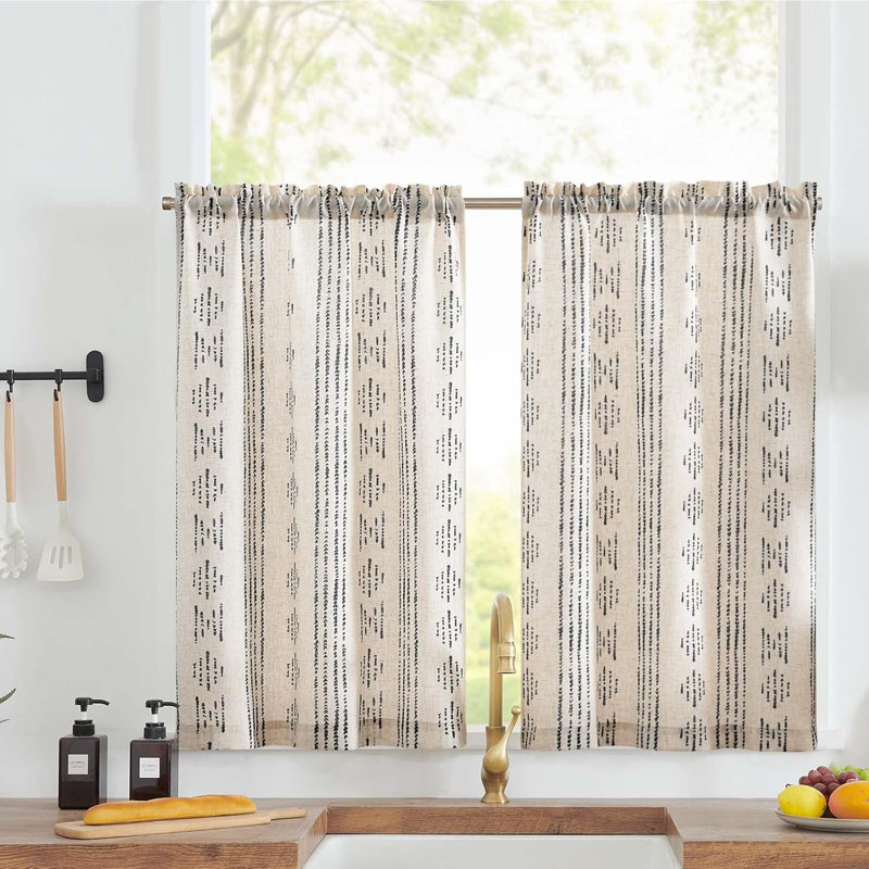 Boho Cafe Curtains Linen Small Window Curtains, 26" W x 45" L, Beige/Black