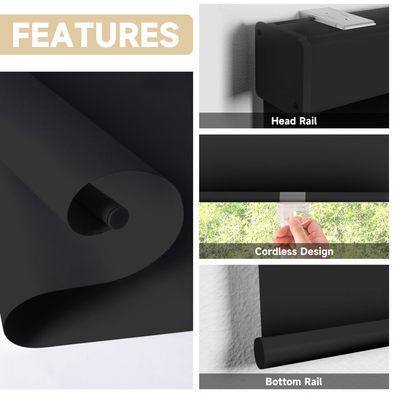 Rideaux occultant sans cordon - stores isolants et isolants pour la chambre à coucher, Noir, L 35 po x L 72 po