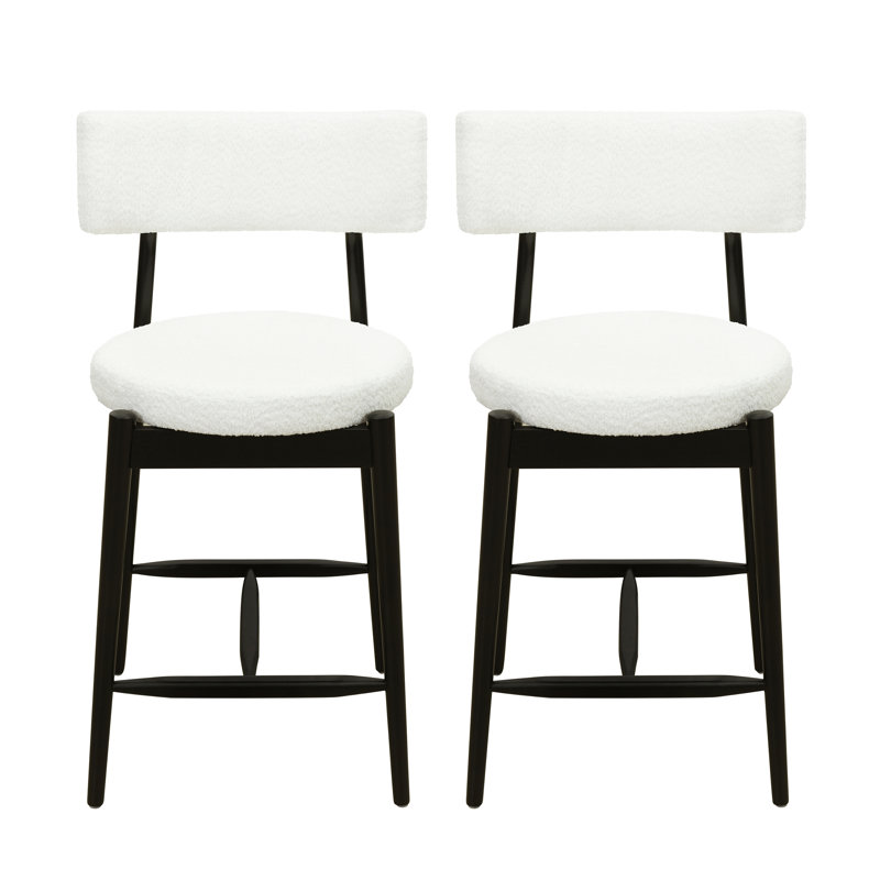 De 2 tabourets de comptoir modernes de style Mid-Century avec siège bouclé noir et confortable, bois d'hévéa, dossier ouvert incurvé, pour plusieurs espaces de vie en mousse haute densité, bouclé, fabrication en bois,