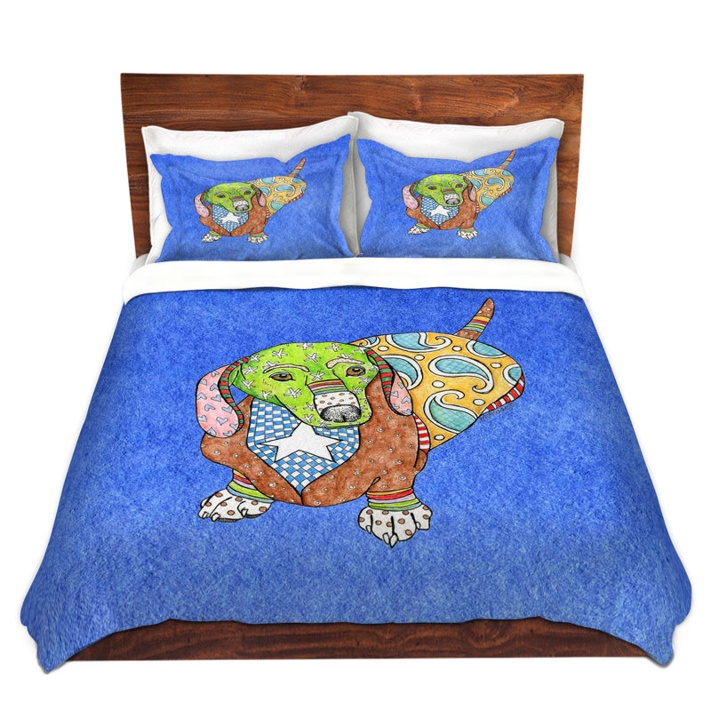 Ensemble de housse de couette teckel dog, 1 housse simple + 1 taie standard, Rouge / Mauve / Bleu
