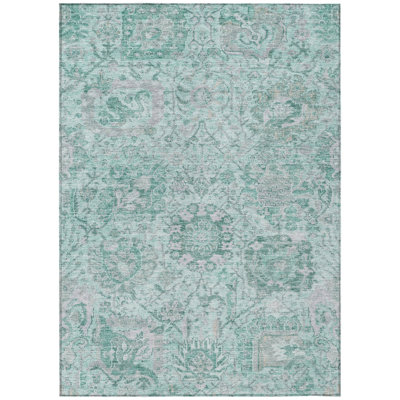 10' X 14' Teal Blue And Gray Damask Washable Indoor Outdoor Area Rug
