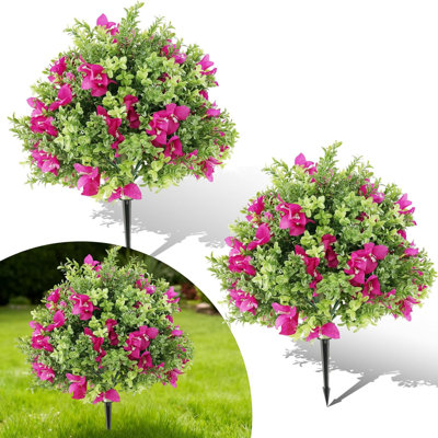 2 Pack 2FT Artificial Boxwood Topiary Ball Trees with Purple Flowers, UV Resistant Faux Shrubs