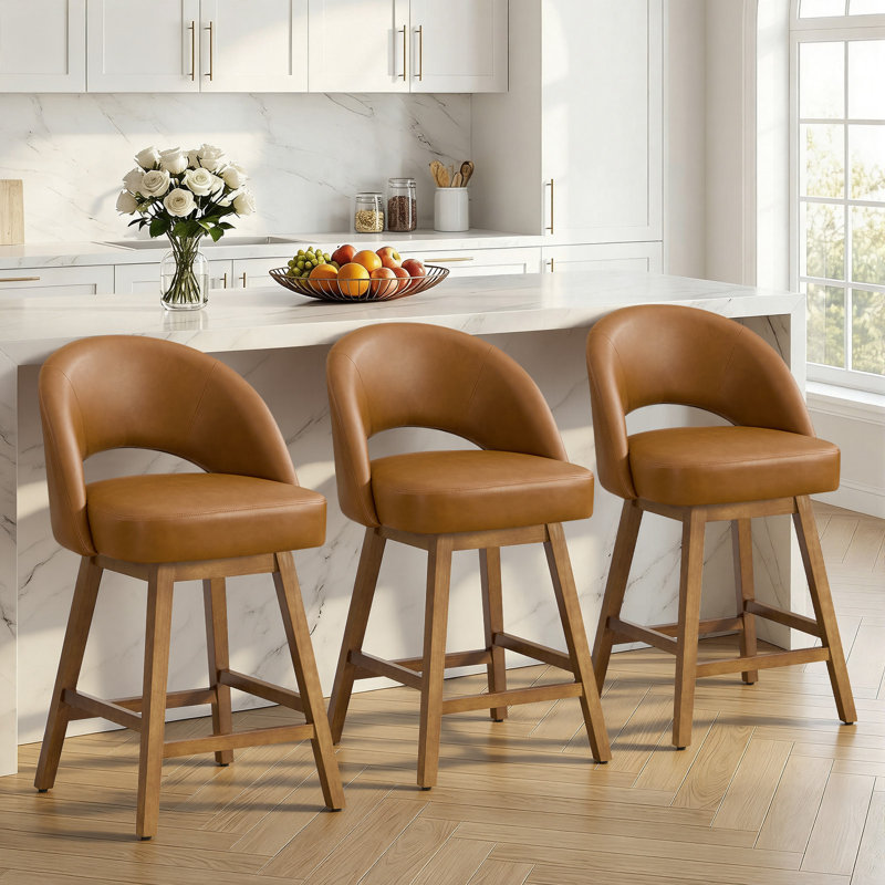 26.4" Swivel Counter Bar Stool With Pocket Spring Cushion & Solid Wood Legs, Upholstered Armless Barstools (Set of 3), Brown