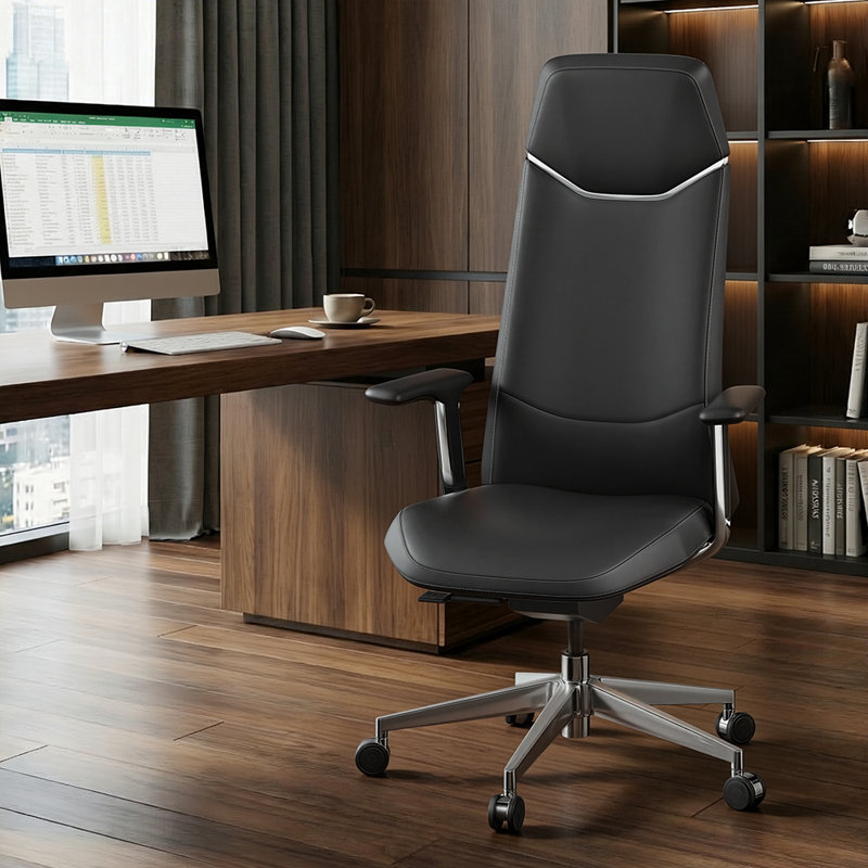 Fauteuil de direction en cuir véritable, fauteuil de bureau ergonomique pivotant, fauteuil de bureau à haut dossier inclinable, base en alliage d'aluminium, hauteur réglable