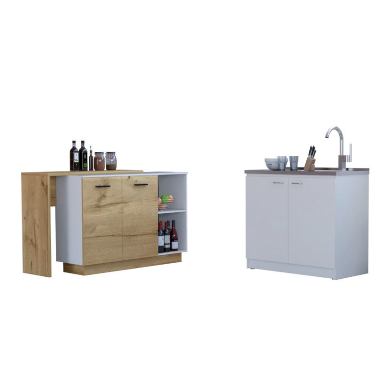 Memphis 2 Piece Kitchen Set, Kitchen Island + Utility Sink Cabinet, White /Light Oak