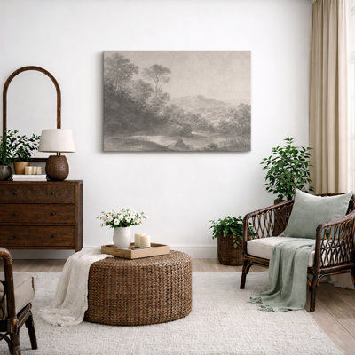 Monochrome Misty Forest Landscape Artwork, Living Room Pictures, Framed Canvas Giclee Print Wall Art