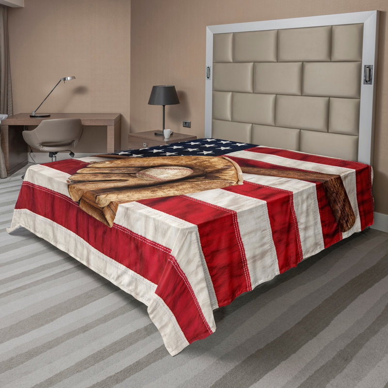 Drap de dessus Ambesonne drapeau américain avec baseball grunge brun rouge bleu, Drap plat pour très grand lit californien