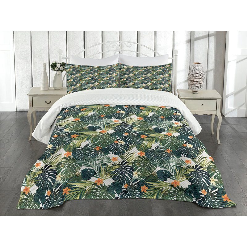Tropical Floral Green and Orange Quilted Queen Bedspread Set