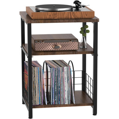 3-Tier Record Player Stand With Vinyl Storage Basket, Turntable Table For Up To 100 Albums, Multi-Functional End Side Table For Living Room, Bedroom, Office
