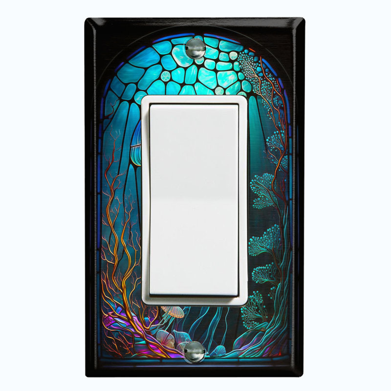 Cute Jelly Fish Blue Glass Art Print Copper Rust Patina Teal Print 1 - Gang Toggle Light Switch Standard Wall Plate