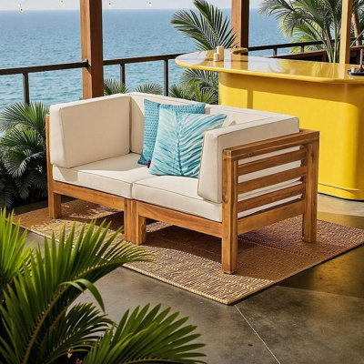 Sleek Mid-Century Acacia Wood Outdoor Loveseat Set | Space-Saving Patio Sofa | Water-Resistant & Easy Assembly
