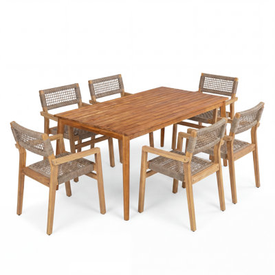 Fielder 6-Person Modern Outdoor Patio Dining Set With Rope-Woven Acacia Wood Chairs And Rectangular Dining Table