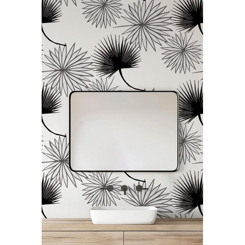 Cabbage Palm 10' L x 24" W Peel and Stick Wallpaper Roll, Black, Faux Grasscloth